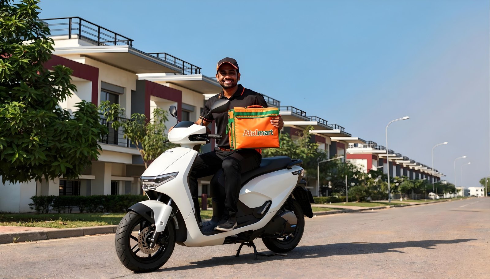 Atalmart delivery rider on an electric scooter in Naya Raipur